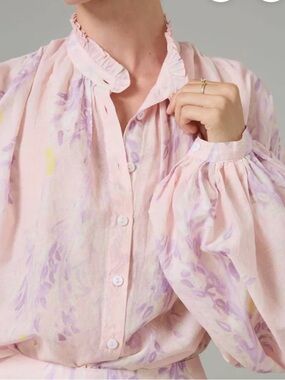 Terry Colson NWT Light Pink Floral Ruffle-Neck Button Down Blouse Romantic M